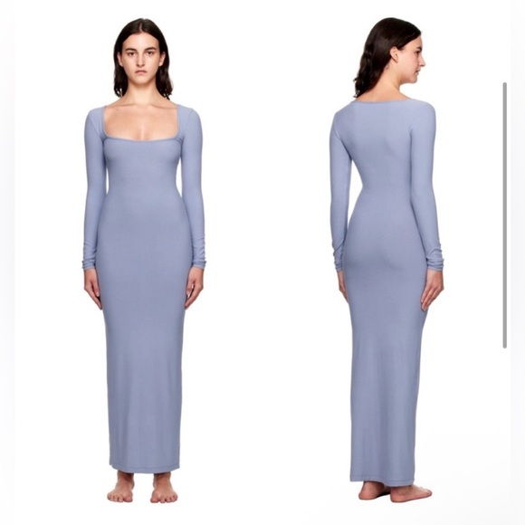 NWT SKIMS Soft Lounge Long Sleeve Dress maxi SLATE  RARE size XL ribbed - Picture 2 of 9